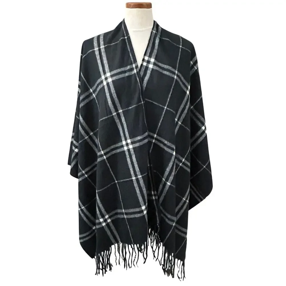 Vintage Plaid Fringe Shawl Wrap Blanket Scarf One Size Cozy Oversize Fall Autumn